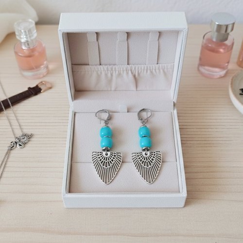 Boucles d'oreilles acier inoxydable, pendentif ail et perles colonnes