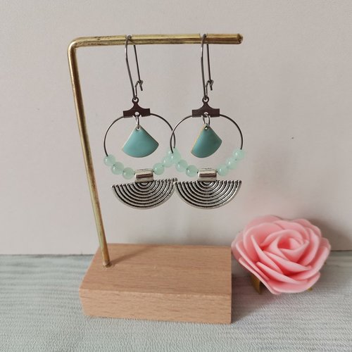 Boucles d'oreilles créoles acier inoxydable, pendentif demi lune et sequin émail