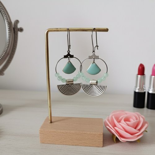 Boucles d'oreilles créoles acier inoxydable, pendentif demi lune et sequin émail