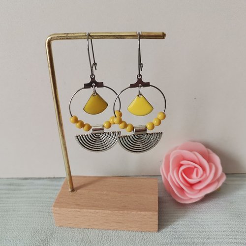 Boucles d'oreilles créoles acier inoxydable, pendentif demi lune et sequin émail