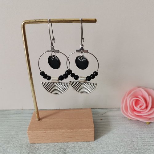 Boucles d'oreilles créoles acier inoxydable, pendentif demi lune et sequin émail