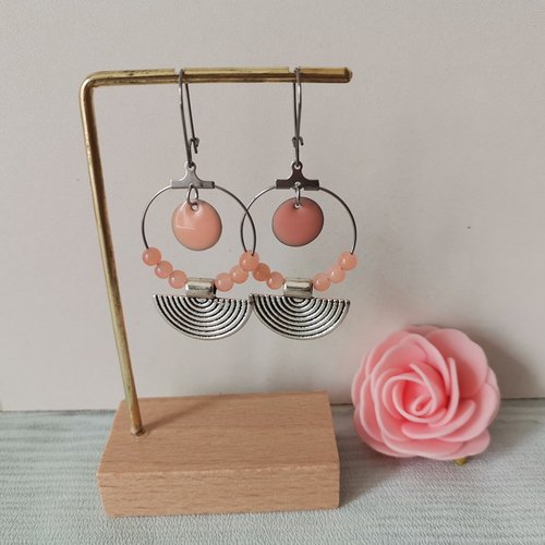 Boucles d'oreilles créoles acier inoxydable, pendentif demi lune et sequin émail