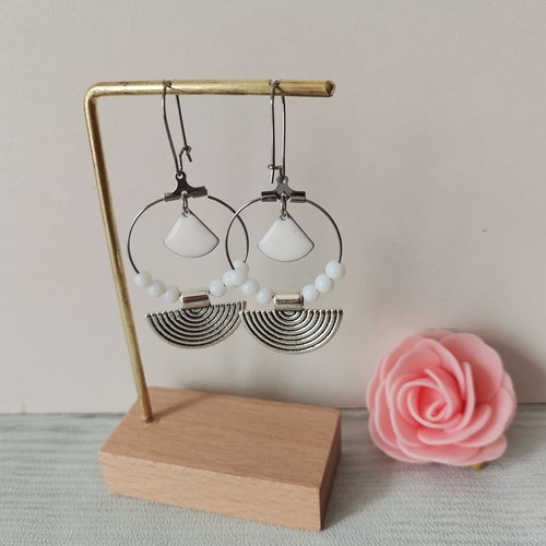 Boucles d'oreilles créoles acier inoxydable, pendentif demi lune et sequin émail