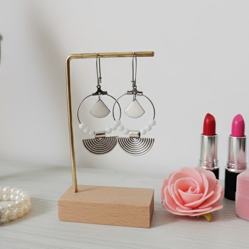 Boucles d'oreilles créoles acier inoxydable, pendentif demi lune et sequin émail