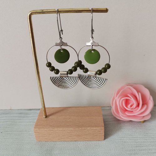 Boucles d'oreilles créoles acier inoxydable, pendentif demi lune et sequin émail