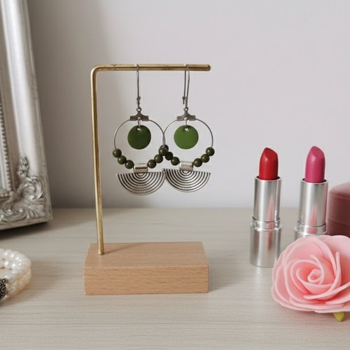 Boucles d'oreilles créoles acier inoxydable, pendentif demi lune et sequin émail