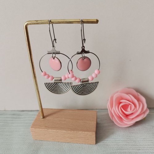 Boucles d'oreilles créoles acier inoxydable, pendentif demi lune et sequin émail