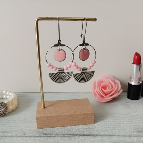 Boucles d'oreilles créoles acier inoxydable, pendentif demi lune et sequin émail
