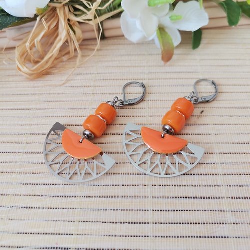 Boucles d'oreilles acier inoxydable et sequin émail orange