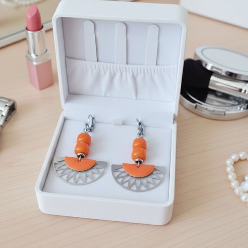 Boucles d'oreilles acier inoxydable et sequin émail orange