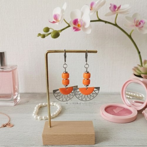 Boucles d'oreilles acier inoxydable et sequin émail orange