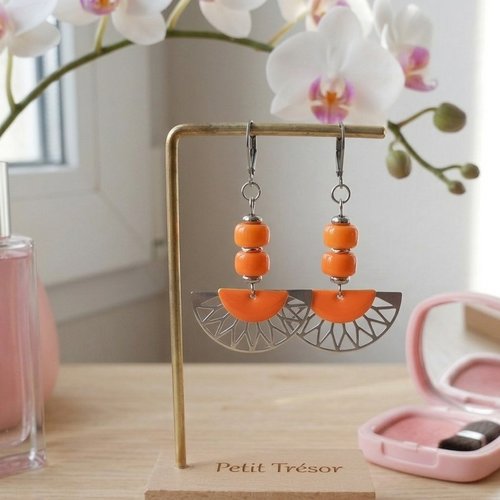 Boucles d'oreilles acier inoxydable et sequin émail orange