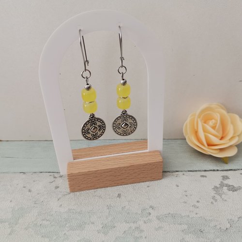 Boucles d'oreilles acier inoxydable, pendentif rond et perles colonnes