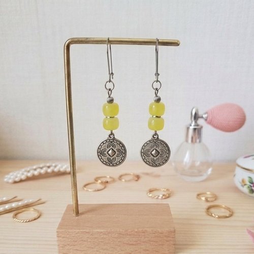 Boucles d'oreilles acier inoxydable, pendentif rond et perles colonnes