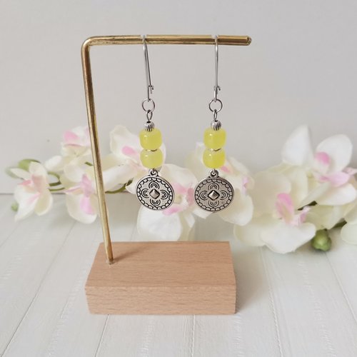Boucles d'oreilles acier inoxydable, pendentif rond et perles colonnes