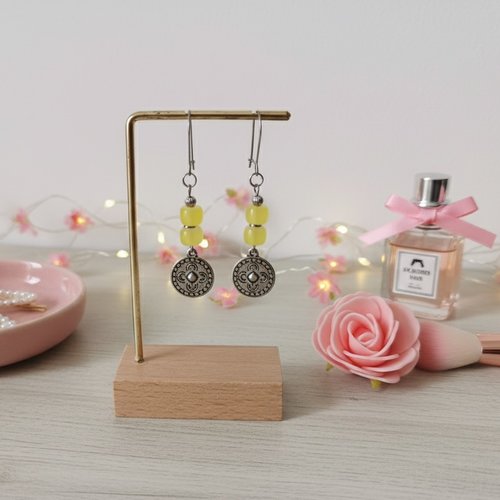 Boucles d'oreilles acier inoxydable, pendentif rond et perles colonnes