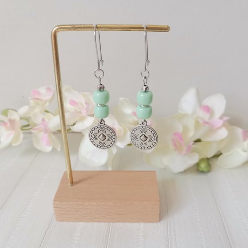 Boucles d'oreilles acier inoxydable, pendentif rond et perles colonnes