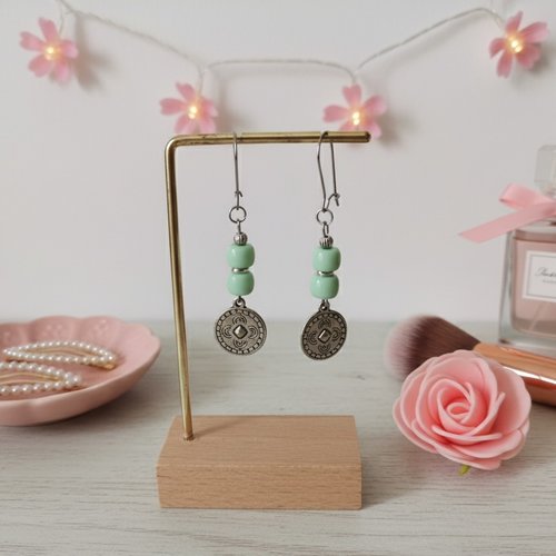 Boucles d'oreilles acier inoxydable, pendentif rond et perles colonnes