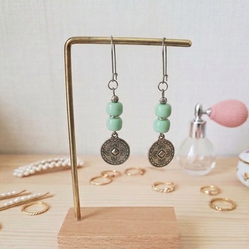 Boucles d'oreilles acier inoxydable, pendentif rond et perles colonnes