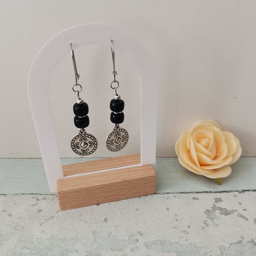 Boucles d'oreilles acier inoxydable, pendentif rond et perles colonnes