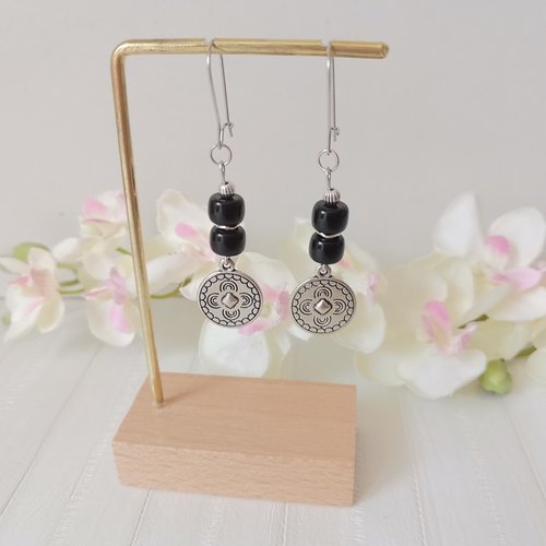 Boucles d'oreilles acier inoxydable, pendentif rond et perles colonnes