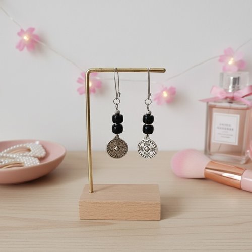 Boucles d'oreilles acier inoxydable, pendentif rond et perles colonnes