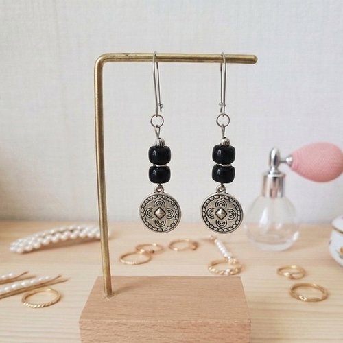 Boucles d'oreilles acier inoxydable, pendentif rond et perles colonnes
