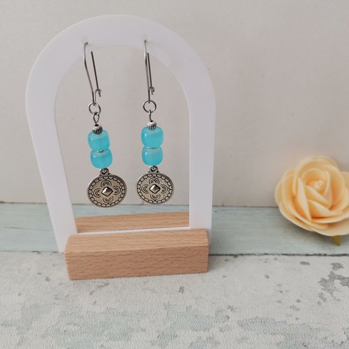 Boucles d'oreilles acier inoxydable, pendentif rond et perles colonnes