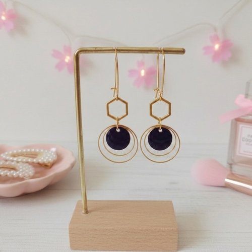 Boucles d'oreilles anneaux dorés et sequin émail rond