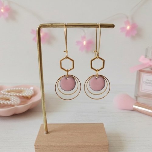 Boucles d'oreilles anneaux dorés et sequin émail rond