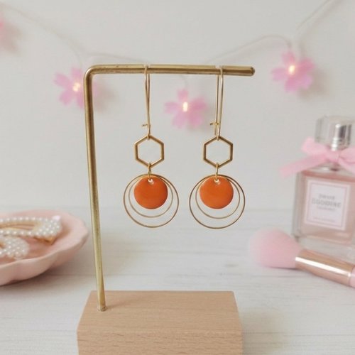 Boucles d'oreilles anneaux dorés et sequin émail rond