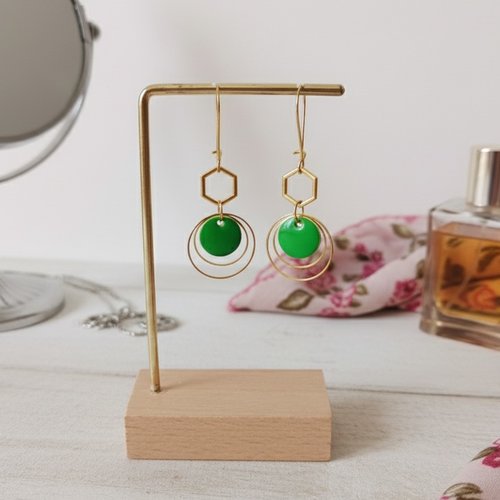 Boucles d'oreilles anneaux dorés et sequin émail rond