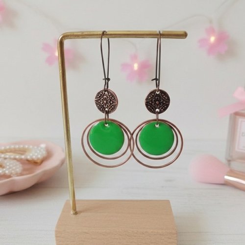 Boucles d'oreilles anneaux cuivre rouge et sequin émail rond
