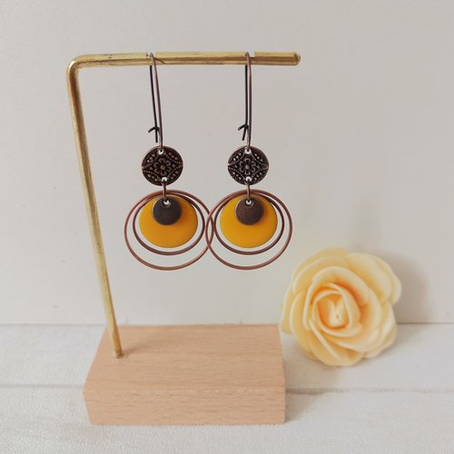 Boucles d'oreilles anneaux cuivre rouge et sequin émail rond
