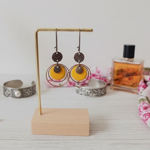 Boucles d'oreilles anneaux cuivre rouge et sequin émail rond