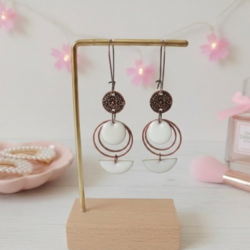 Boucles d'oreilles anneaux cuivre rouge et sequins émail