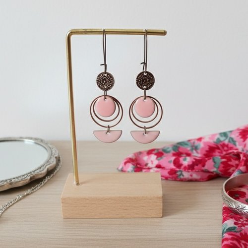 Boucles d'oreilles anneaux cuivre rouge et sequins émail