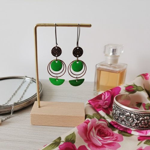 Boucles d'oreilles anneaux cuivre rouge et sequins émail