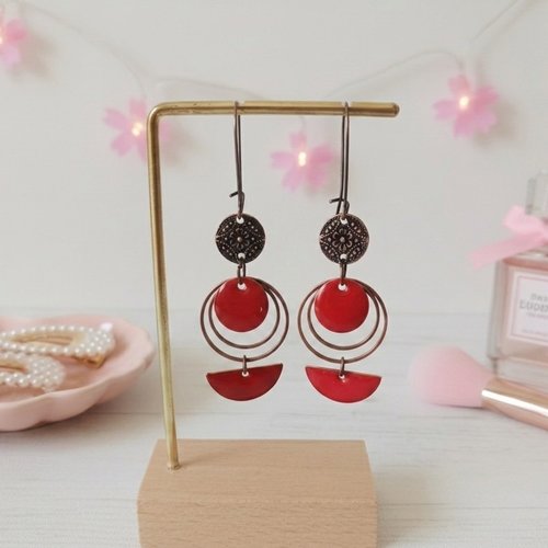 Boucles d'oreilles anneaux cuivre rouge et sequins émail