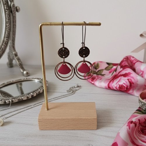 Boucles d'oreilles anneaux cuivre rouge et sequin émail triangle