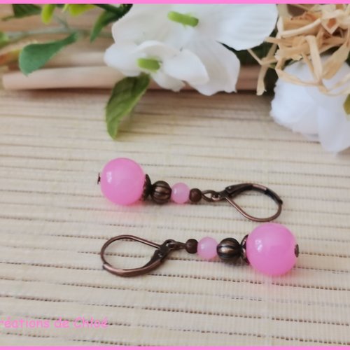Promo - boucles d'oreilles apprêts cuivre et perles en verre rose imitation jade