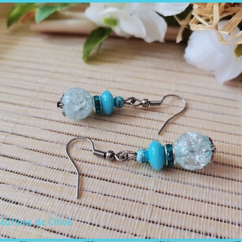 Promo - boucles d'oreilles perles quartz craquelé bleu et rondelle strass