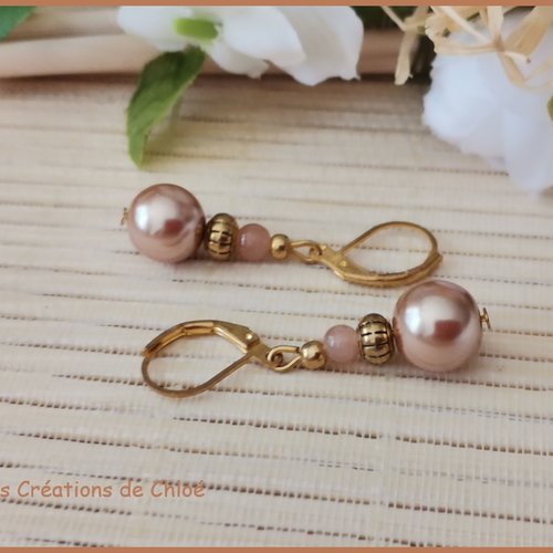 Promo - boucles d'oreilles apprêts dorés et perles en verre nacré marron clair