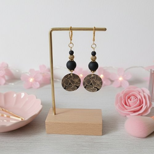 Boucles d'oreilles acier inoxydable doré et pendentif imprimé