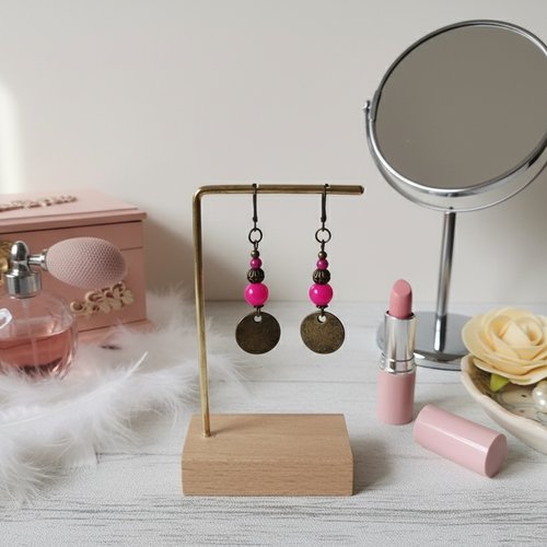 Boucles d'oreilles perles fuchsia et apprêts bronze