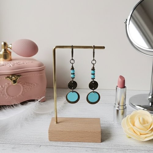 Boucles d'oreilles apprêts bronze et sequin bleu