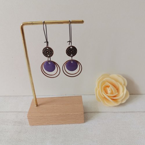 Boucles d'oreilles anneaux cuivre rouge et sequin émail rond
