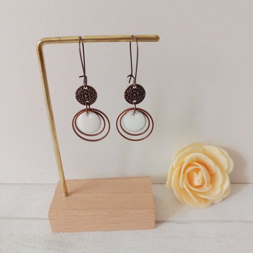 Boucles d'oreilles anneaux cuivre rouge et sequin émail rond