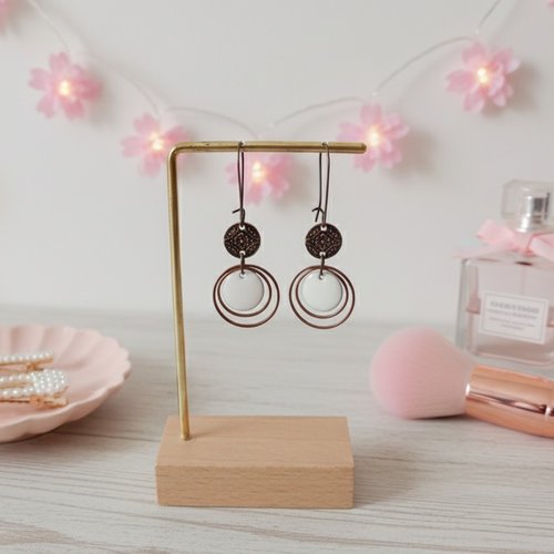 Boucles d'oreilles anneaux cuivre rouge et sequin émail rond