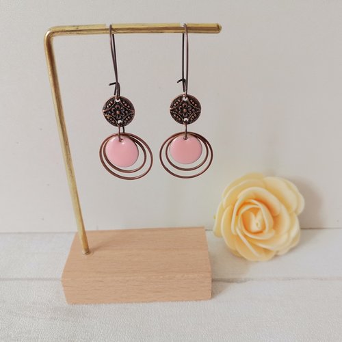 Boucles d'oreilles anneaux cuivre rouge et sequin émail rond